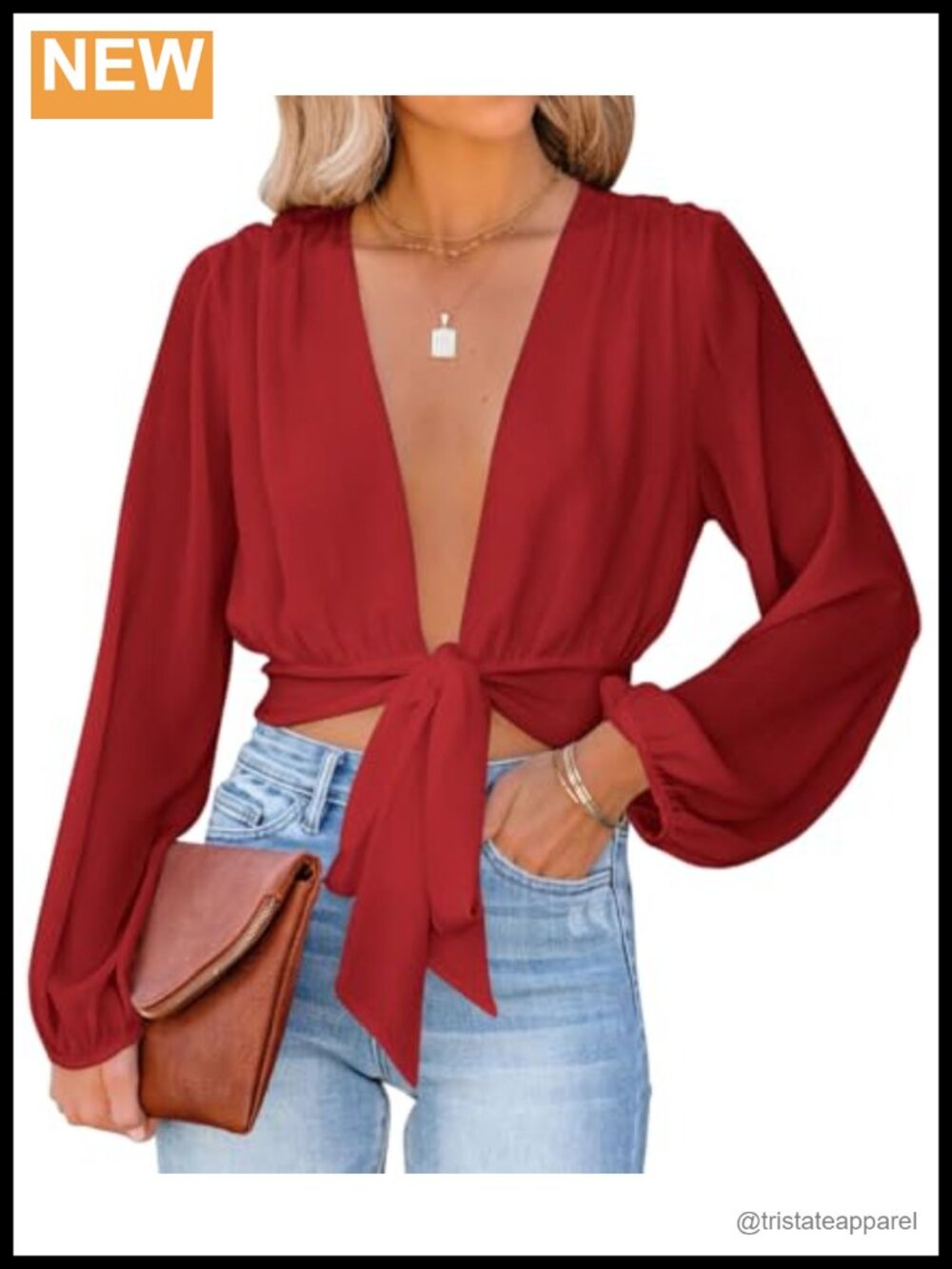 Deep V Neck Wrap Crop Top Puff Sleeve Tie Front Blouse